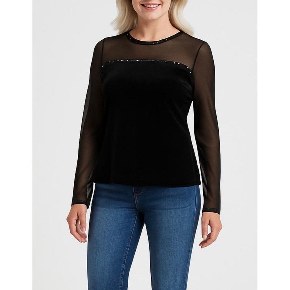R&K Evening Sheer Velvet Top Women Sz 16 Beaded Keyhole Event Formal Preppy Work